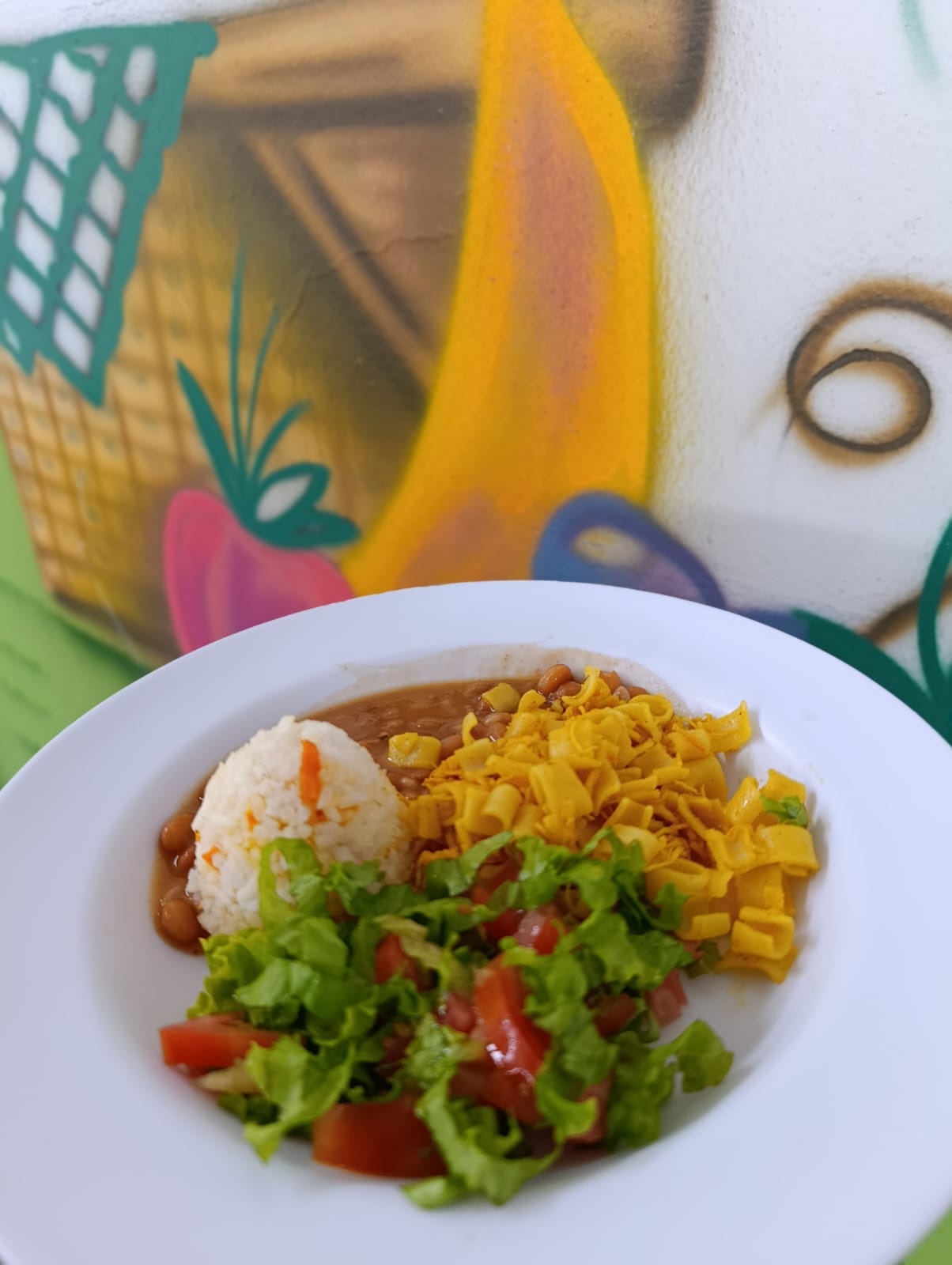 Prato com arroz, feijão, legumes e salada